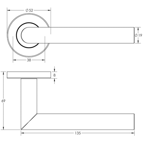 Technical drawing of of Frelan - Julian Door Handle on Rose Grade 201 Satin Stainless Steel Sku. JSS204