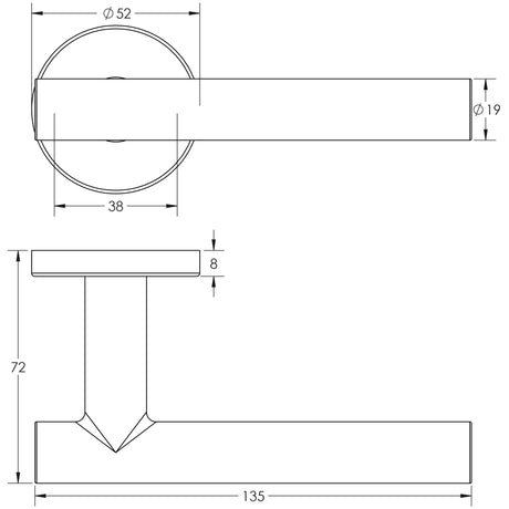 Technical drawing of of Frelan - Atlanta Door Handles on Rose Grade 201 Satin Stainless Steel Sku. JSS214