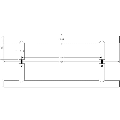Technical drawing of of Frelan - Stainless Steel 19mm Guardsman Pull Handles B2B Fixing 400x19x300mm Satin Stainless Steel Sku. JSS220B