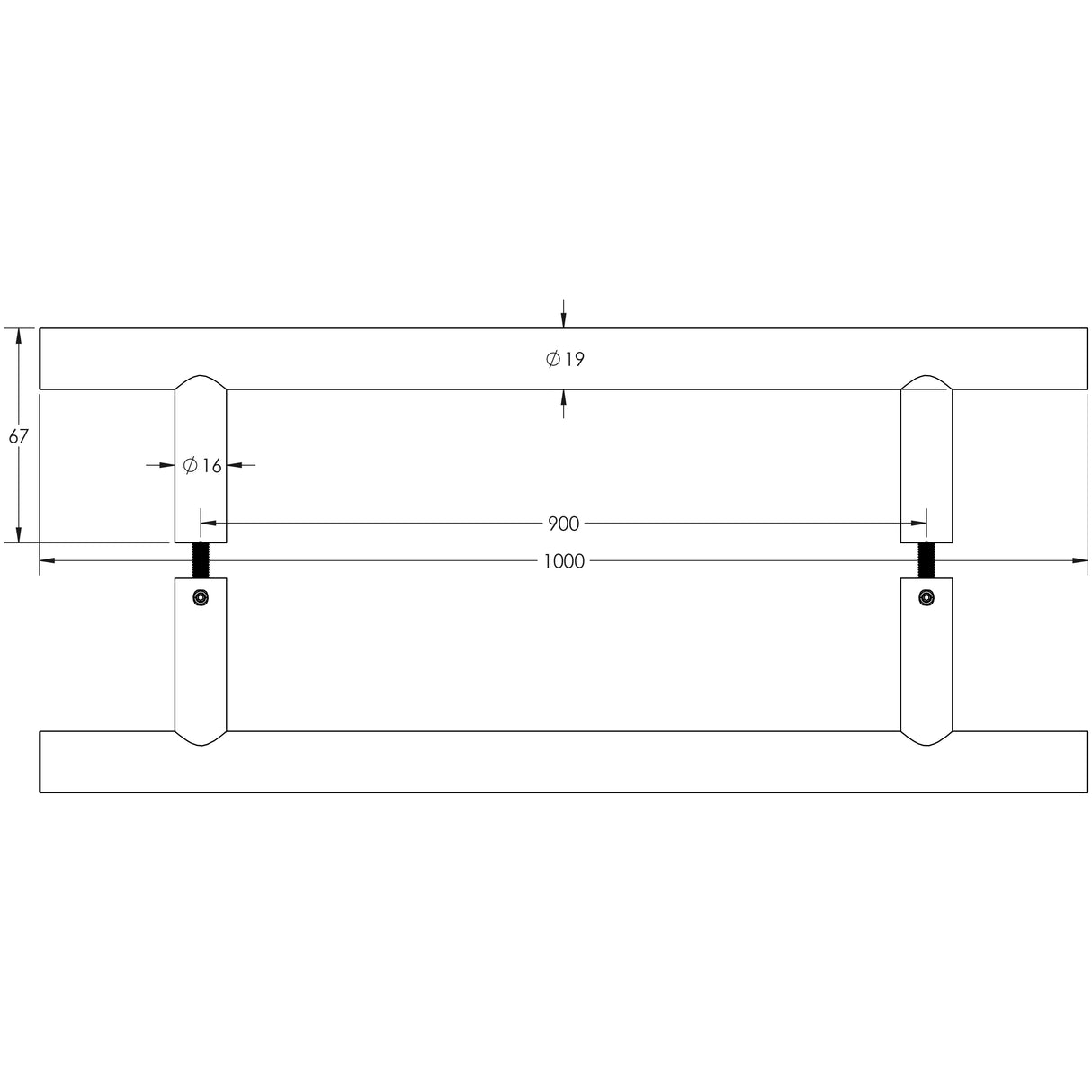 Technical drawing of of Frelan - Stainless Steel 19mm Guardsman Pull Handles B2B Fixing 1000x19x900mm Satin Stainless Steel Sku. JSS220C