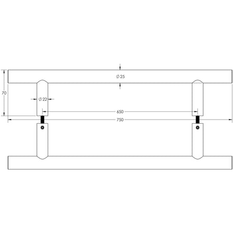 Technical drawing of of Frelan - Stainless Steel 25mm Guardsman Pull Handles B2B Fixing 750x25x650mm Satin Stainless Steel Sku. JSS223C