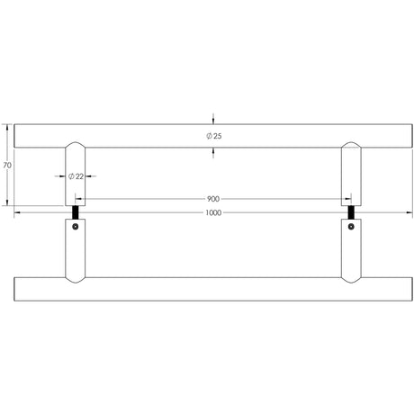 Technical drawing of of Frelan - Stainless Steel 25mm Guardsman Pull Handles B2B Fixing 1000x25x900mm Satin Stainless Steel Sku. JSS223D