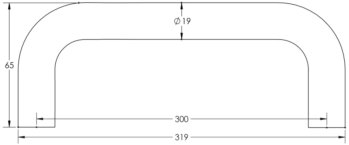 Technical drawing of of Frelan - Stainless Steel 19mm D Shape Pull handles Grade 201 300x19mm Satin Stainless Steel Sku. JSS319C