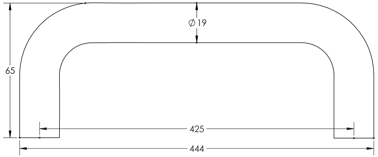 Technical drawing of of Frelan - Stainless Steel 19mm D Shape Pull handles Grade 201 425x19mm Satin Stainless Steel Sku. JSS319D