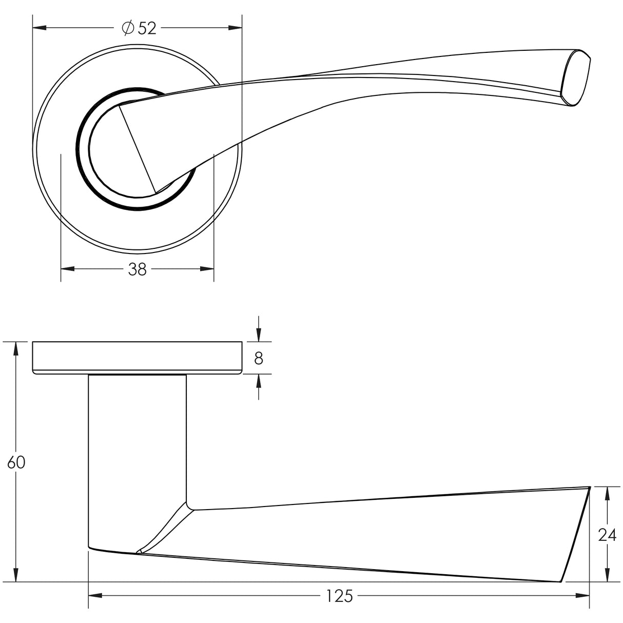 Technical drawing of of Frelan - Vecta Door Handle on Rose Grade 304 Satin Stainless Steel Sku. JSS501