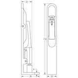 Technical drawing of of Frelan - Lever Action Radius Flush Bolt 150x20mm Satin Brass Sku. JSS50RSB