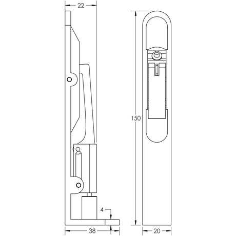 Technical drawing of of Frelan - Lever Action Radius Flush Bolt 150x20mm Antique Brass Sku. JSS50RAB