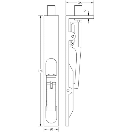 Technical drawing of of Frelan - Stainless Steel Lever Action Flushbolts Square Forend 150x20mm Satin Stainless Steel Sku. JSS50