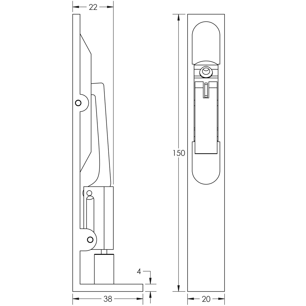 Technical drawing of of Frelan - Stainless Steel Flush Bolts JSS50 Brass Finish 150mm x 20mm Square Forend Sku. JSS50PVD