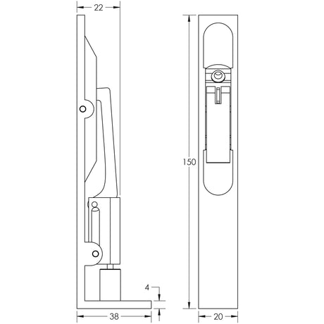 Technical drawing of of Frelan - Stainless Steel Flush Bolts JSS50 Antique Brass 150mm x 20mm Square Forend Sku. JSS50AB