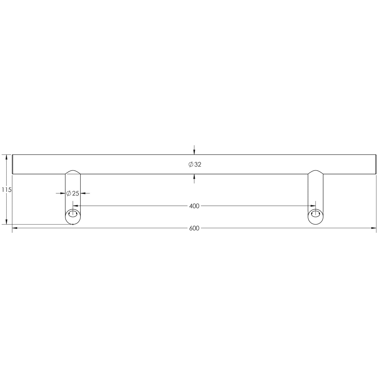 Technical drawing of of Frelan - Stainless Steel Cranked Pull Handles 600x32mm Satin Stainless Steel Sku. JSS519A