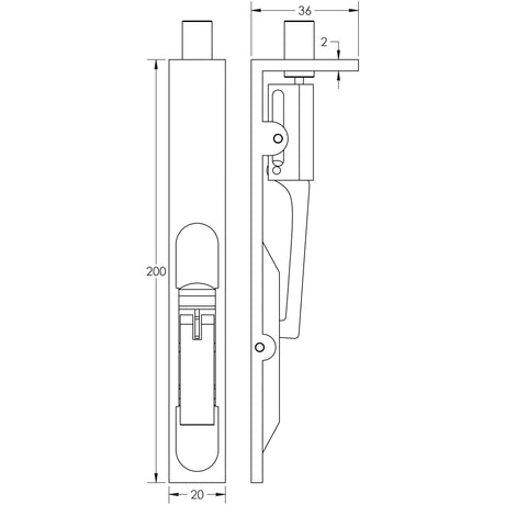 Technical drawing of of Frelan - Stainless Steel Flush Bolts JMB51 Black 203mm x 20mm Square Forend Sku. JMB51