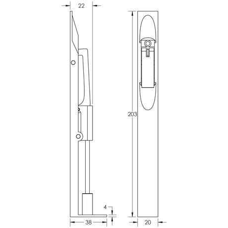 Technical drawing of of Frelan - Stainless Steel Flush Bolts JSS51 Brass Finish 203mm x 20mm Square Forend Sku. JSS51PVD