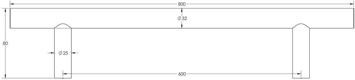 Technical drawing of of Frelan - Stainless Steel 32mm Guardsman Pull Handles B/T Fixing 800x32x600mm Satin Stainless Steel Sku. JSS520B