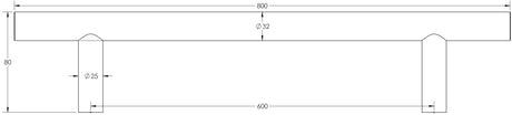 Technical drawing of of Frelan - Stainless Steel 32mm Guardsman Pull Handles B/T Fixing 800x32x600mm Satin Stainless Steel Sku. JSS520B