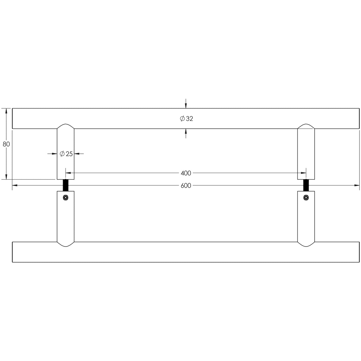 Technical drawing of of Frelan - Stainless Steel 32mm Guardsman Pull Handles B2B Fixing 600x32x400mm Satin Stainless Steel Sku. JSS521A