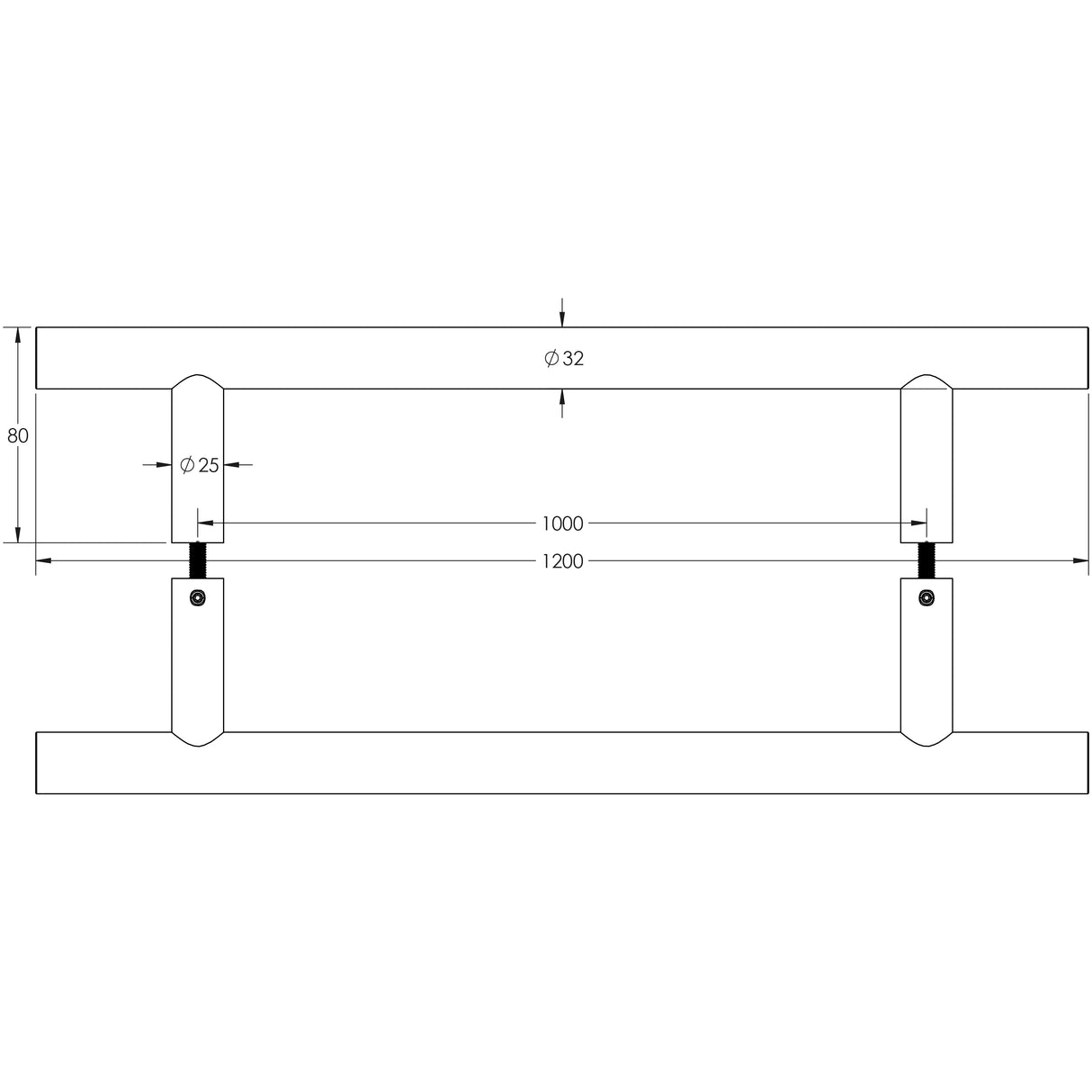 Technical drawing of of Frelan - Stainless Steel 32mm Guardsman Pull Handles B2B Fixing 1200x32x1000mm Satin Stainless Steel Sku. JSS521C