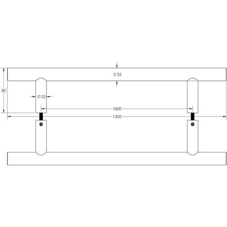 Technical drawing of of Frelan - Stainless Steel 32mm Guardsman Pull Handles B2B Fixing 1200x32x1000mm Satin Stainless Steel Sku. JSS521C