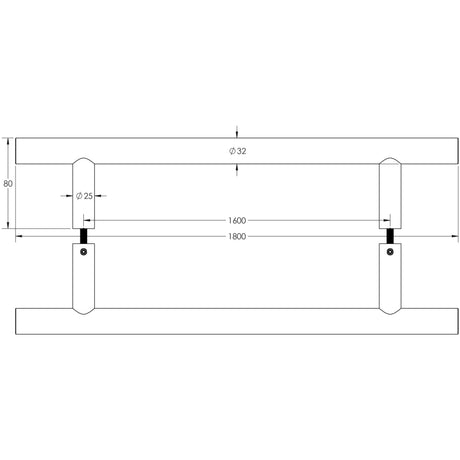 Technical drawing of of Frelan - Stainless Steel 32mm Guardsman Pull Handles B2B Fixing 1800x32x1600mm Satin Stainless Steel Sku. JSS521D