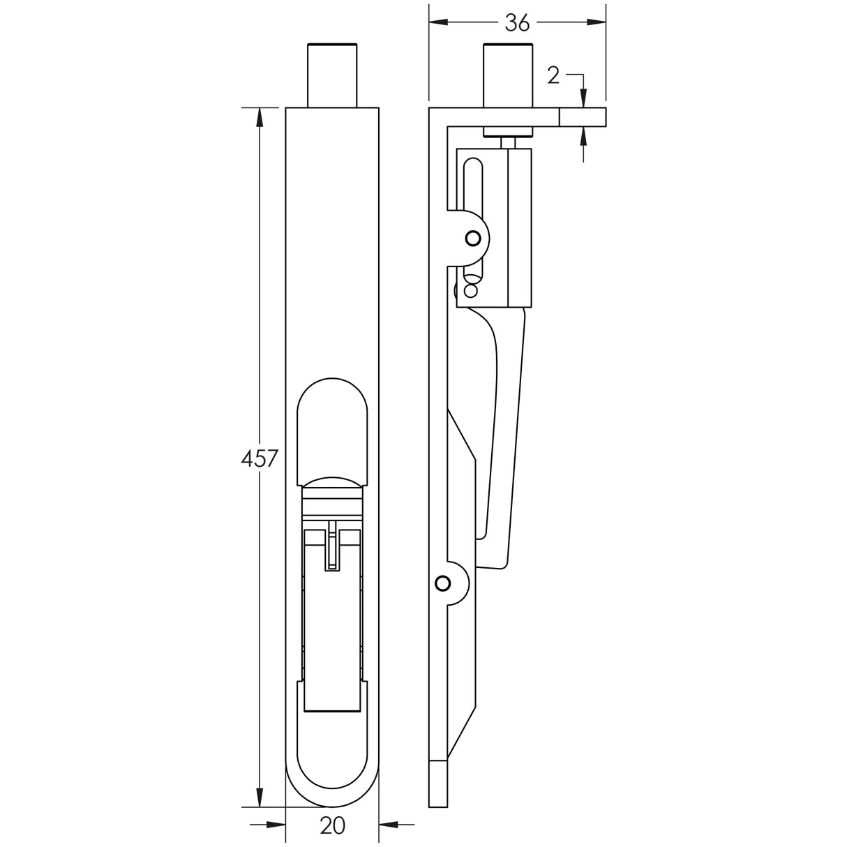 Technical drawing of of Frelan - Lever Action Flushbolts Radiused Forend 457x20mm Satin Stainless Steel Sku. JSS53R