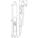 Technical drawing of of Frelan - Lever Action Flushbolts Radiused Forend 609x20mm Satin Stainless Steel Sku. JSS56R