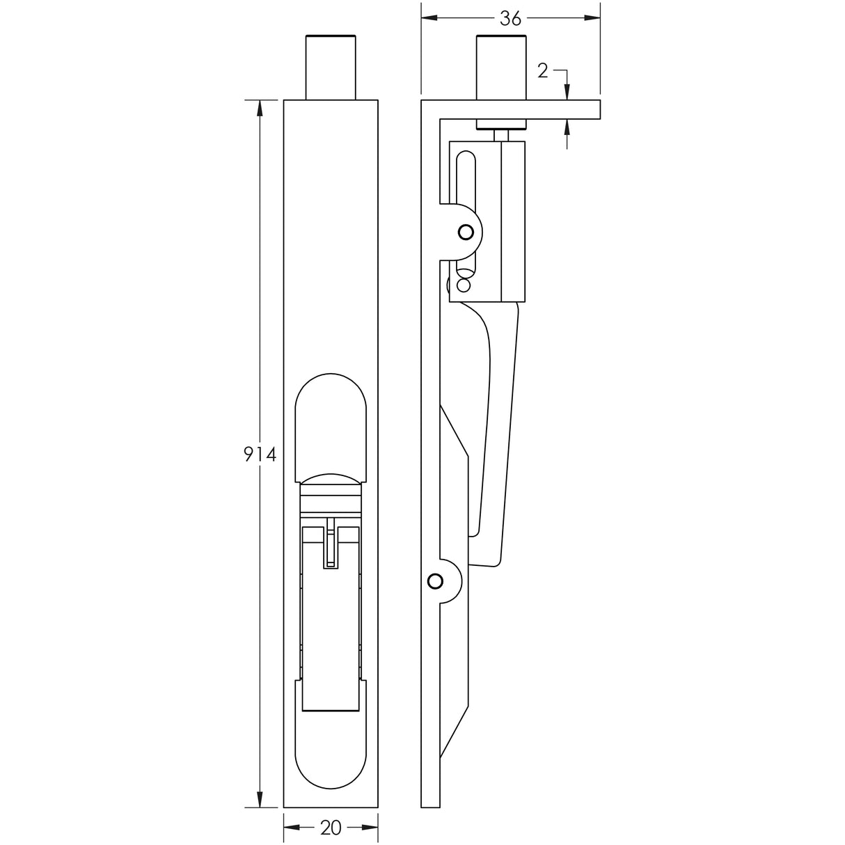Technical drawing of of Frelan - Stainless Steel Lever Action Flushbolts Square Forend 914x20mm Satin Stainless Steel Sku. JSS57
