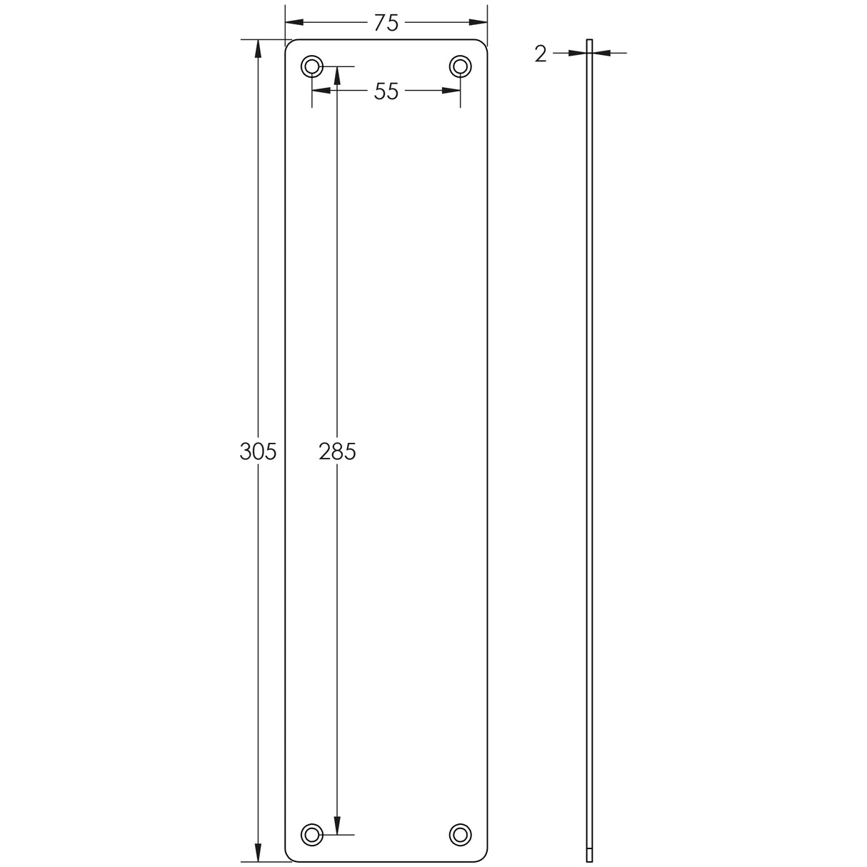 Technical drawing of of Frelan - Stainless Steel Finger Plates 305x75mm Satin Stainless Steel Sku. JSS80
