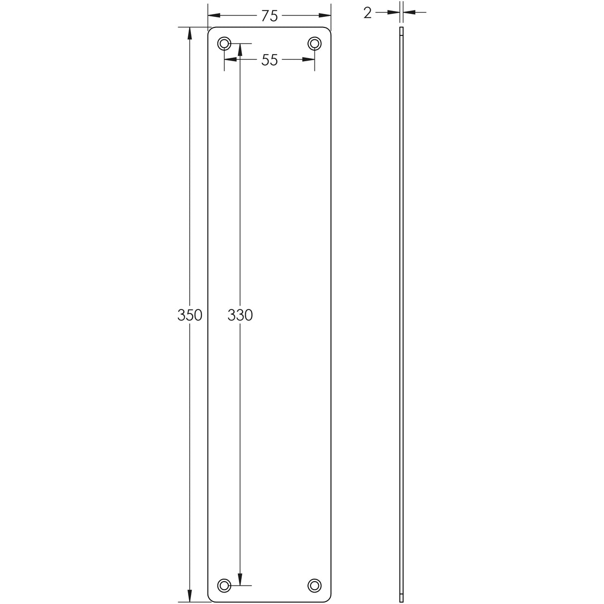 Technical drawing of of Frelan - Stainless Steel Finger Plates 350x75mm Satin Stainless Steel Sku. JSS81