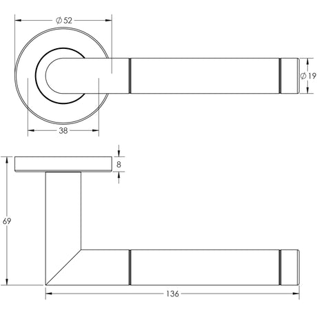 Technical drawing of of Frelan - Cambrio Door Handle on Rose Grade 304 Satin & Polished Stainless Steel Sku. JSSPS701