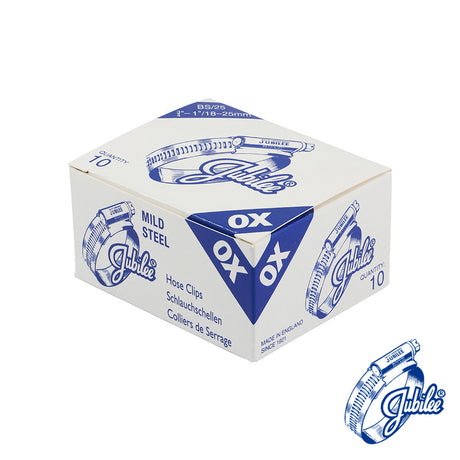 This is an image of Timco - Jubilee Clip Mild Steel - 0XMS 18 - 25mm - (10 PCS Box) JUB0XMS