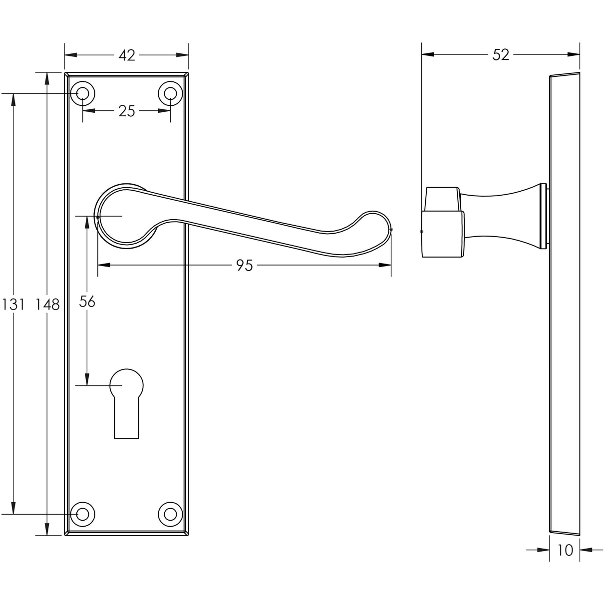Technical drawing of of Frelan - Victorian Scroll Door Handle on Bathroom Plate Polished Brass Sku. JV10BPB