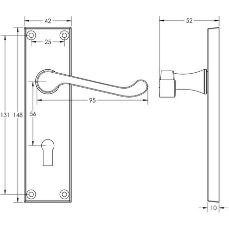 Technical drawing of of Frelan - Victorian Scroll Door Handle on Euro Profile Lockplate Satin Chrome Sku. JV10ESC