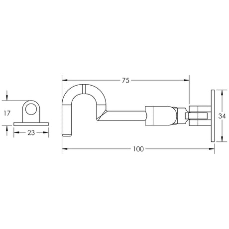 Technical drawing of of Frelan - Jedo Brass Cabin Hooks 75mm Polished Chrome Sku. JV110APC
