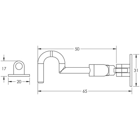 Technical drawing of of Frelan - Jedo Brass Cabin Hooks 50mm Polished Chrome Sku. JV110HPC