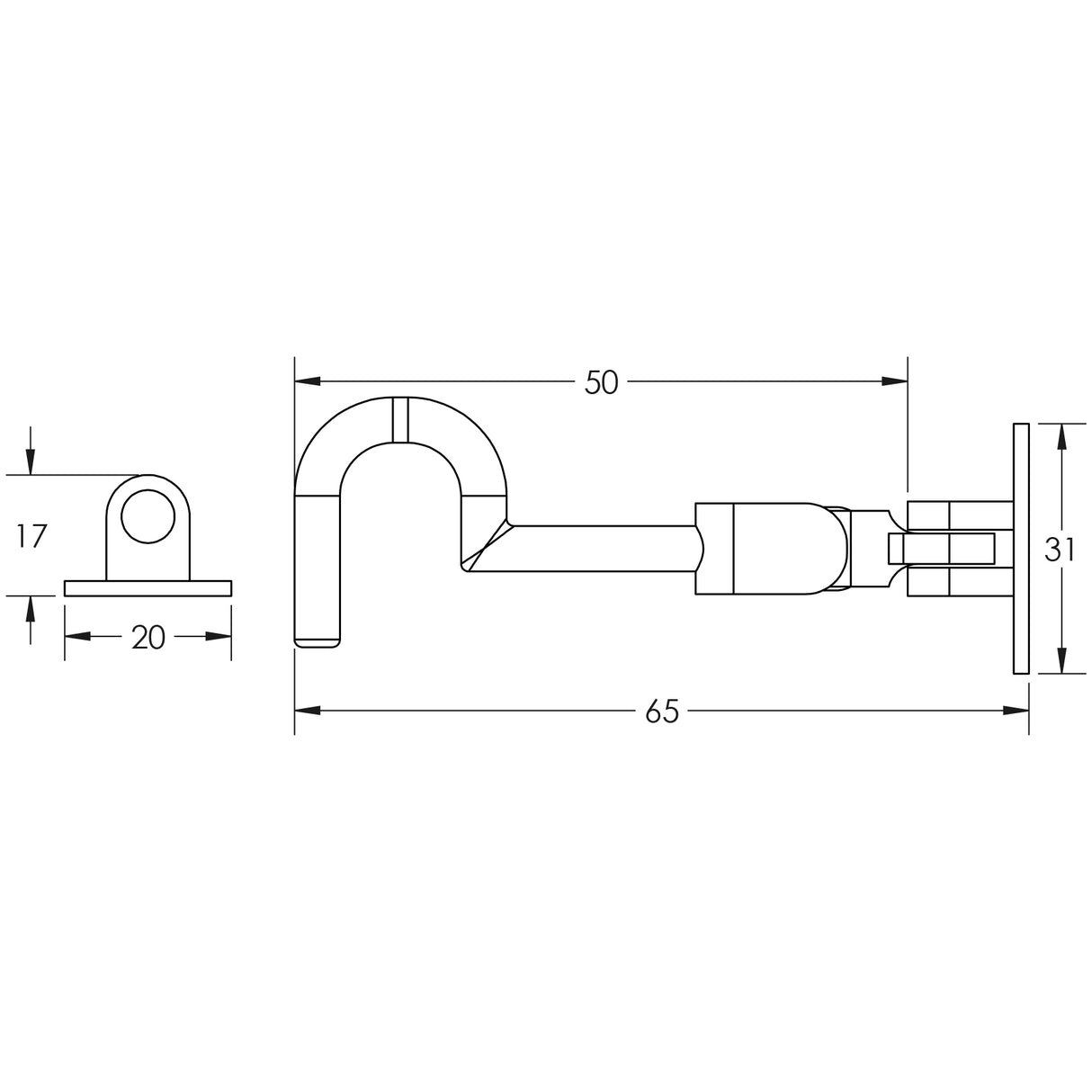Technical drawing of of Frelan - Jedo Brass Cabin Hooks 50mm Polished Brass Sku. JV110HPB