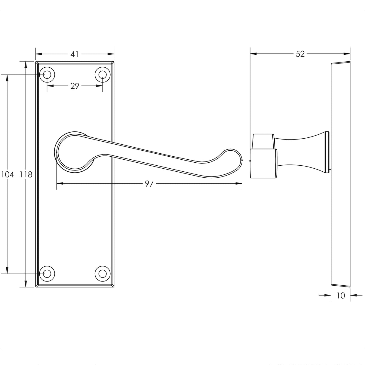 Technical drawing of of Frelan - Victorian Scroll Door Handle on Privacy Plate Polished Brass Sku. JV11PRPB