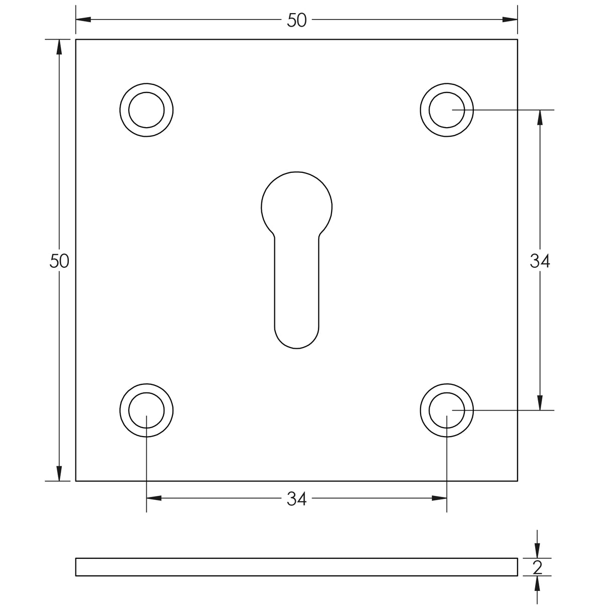 Technical drawing of of Frelan - Jedo Square Open Escutcheon 50x50mm Polished Brass Sku. JV153PB