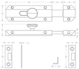 Technical drawing of of Frelan - Jedo Architectural Slide Door Bolts 100x35mm Antique Brass Sku. JV167AB