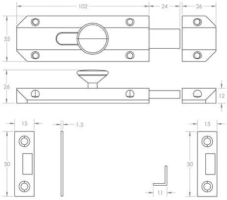 Technical drawing of of Frelan - Jedo Architectural Slide Door Bolts 100x35mm Antique Brass Sku. JV167AB