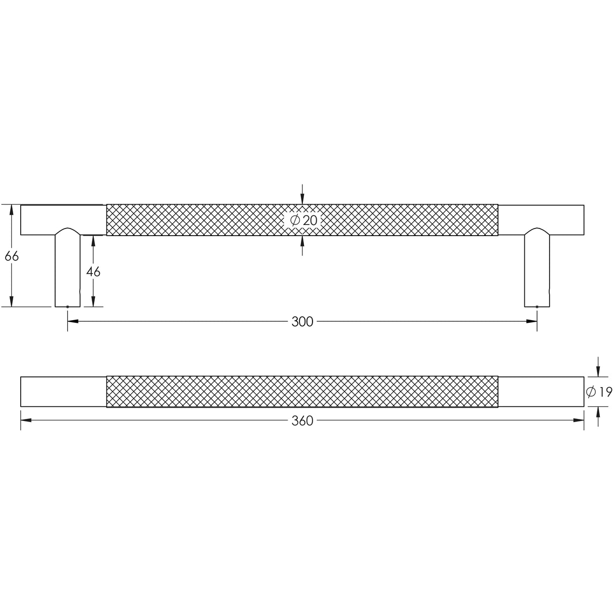 Technical drawing of of Frelan - Bari Pull Handles 300mm Antique Brass Bolt Through Sku. JV1800AB