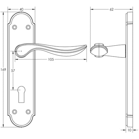 Technical drawing of of Frelan - Henley Suite Door Handle on Lockplate Satin Chrome Sku. JV190SC