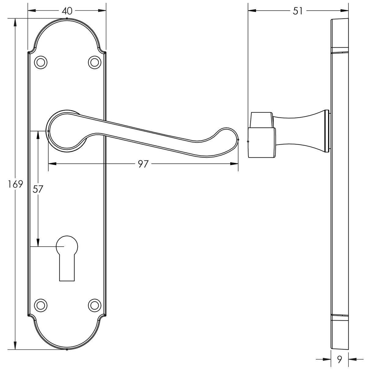 Technical drawing of of Frelan - Epsom Suite Door Handle on Bathroom Plate Polished Brass Sku. JV250BPB