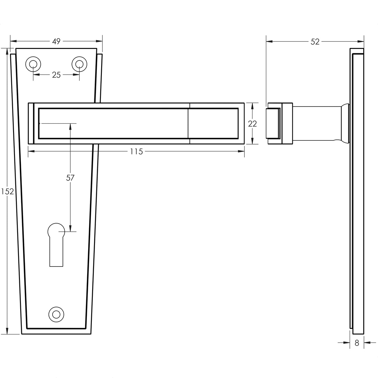 Technical drawing of of Frelan - Deco Door Handle on Lockplate Polished Chrome Sku. JV253PC