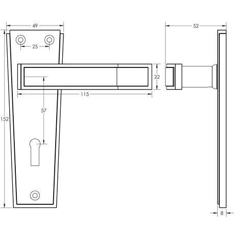 Technical drawing of of Frelan - Deco Door Handle on Lockplate Polished Chrome Sku. JV253PC