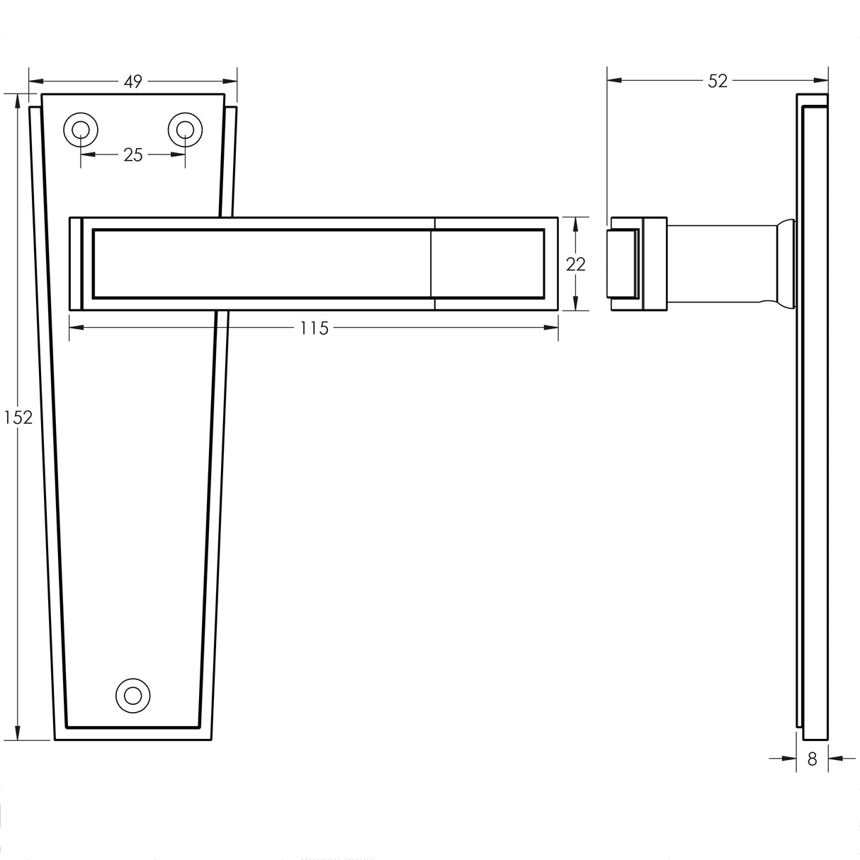 Technical drawing of of Frelan - Deco Door Handle on Latchplate Satin Chrome Sku. JV254SC