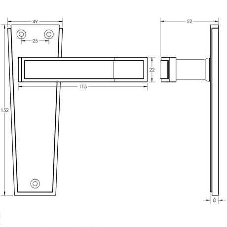 Technical drawing of of Frelan - Deco Door Handle on Latchplate Polished Chrome Sku. JV254PC