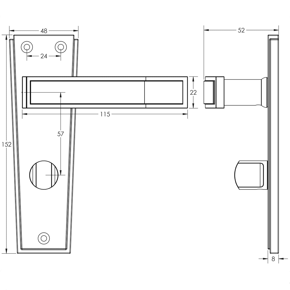 Technical drawing of of Frelan - Deco Door Handle on Bathroom Plate Polished Chrome Sku. JV255PC