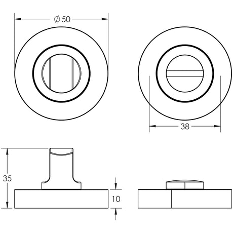 Technical drawing of of Frelan - Jedo Dual Turns & Releases 50mm Round Rose no Indicator Polished Chrome / Satin Nickel Sku. JV2666PCSN