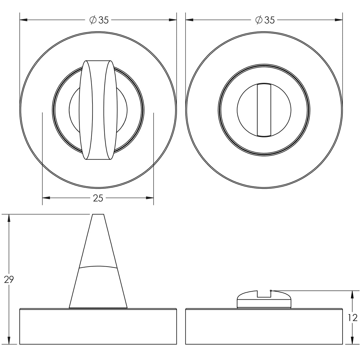 Technical drawing of of Frelan - Jedo Designer Turns & Releases 35mm Round Rose no Indicator 35x8mm Satin Chrome Sku. JV2777SC
