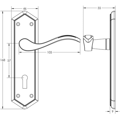 Technical drawing of of Frelan - Paris Suite Door Handles on Lockplate Antique Bronze Sku. JV280AB